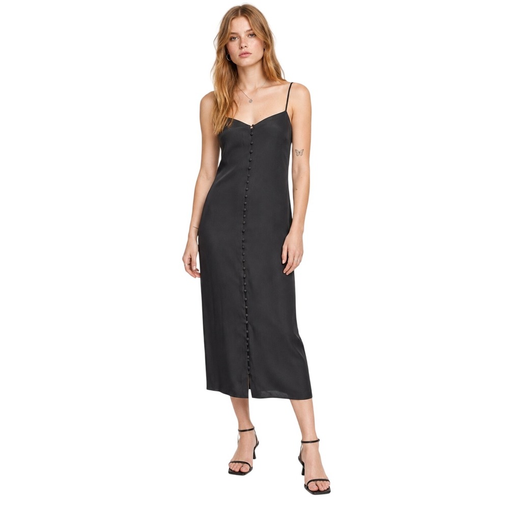 Silk Button Front Madewell Midi Slip Dress Adjustable Straps Size 2 Black
